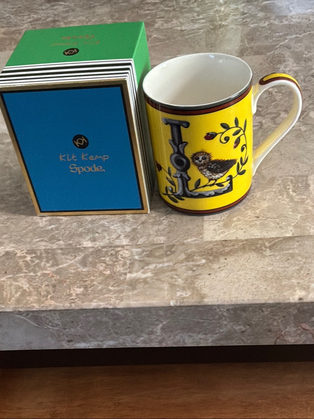 Spode KJ Kemp Yellow Bird Letter L Porcelain Mug with Black and Brown Accents